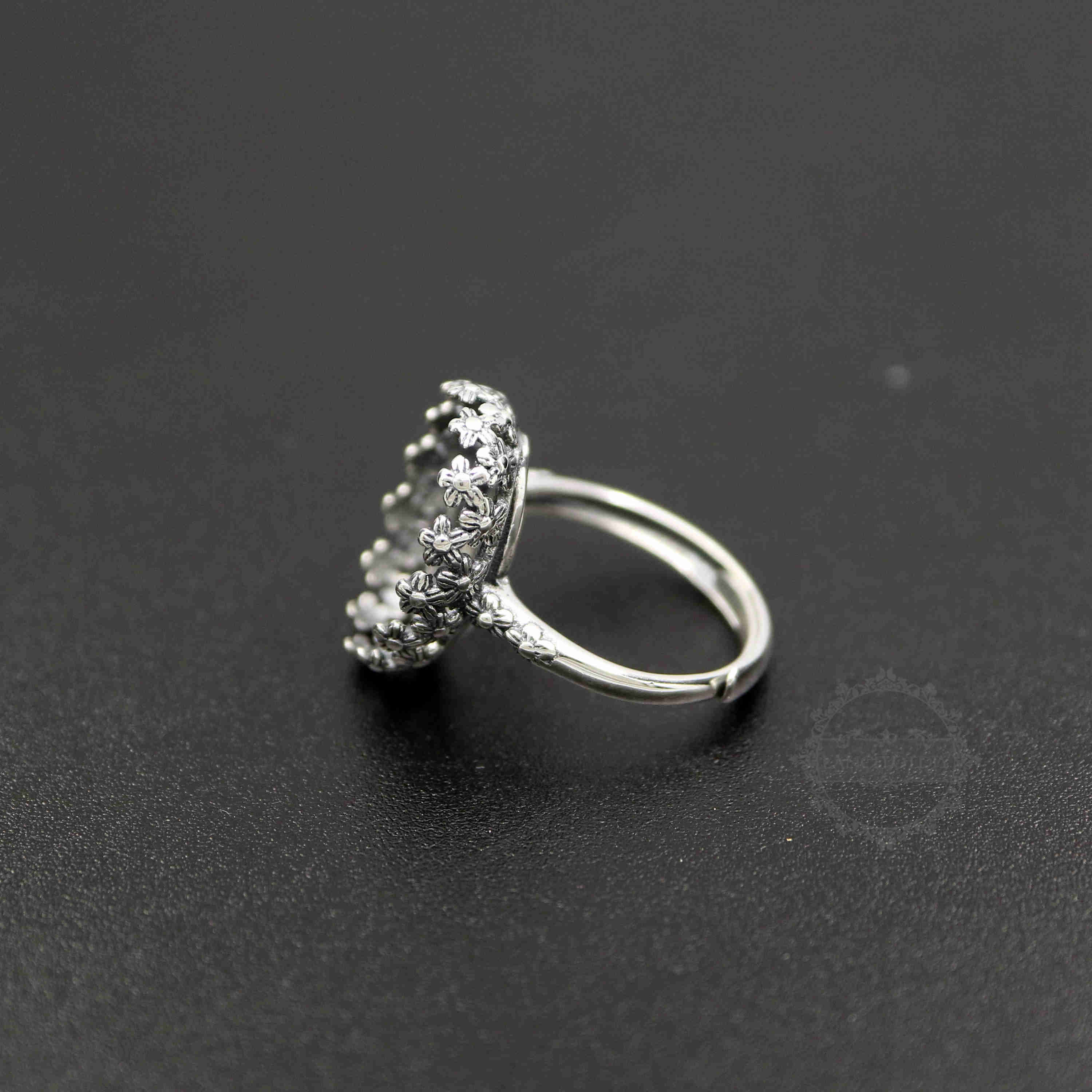 1Pcs 13X18MM Antiqued Oval Flower Bezel Solid 925 Sterling Silver Adjustable Ring Settings 1223085 - Click Image to Close